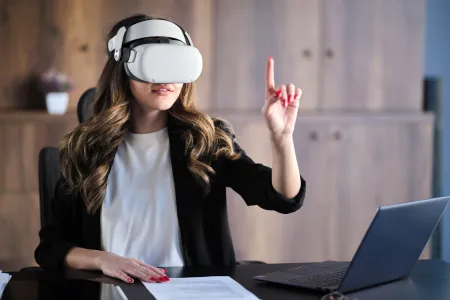 Woman using AI-powered VR headset_Immersive technology interaction